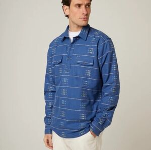Peregrine Smock Shirt 3 Button Men's Blue Emnroidered Cotton Pullover Sz. L